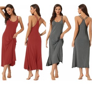 INSPIRE CHIC Women's 2 Pcs Pajama Dress Sleeveless Backless Full Slip Camisole U Neck Midi Nightgowns - 1 of 4