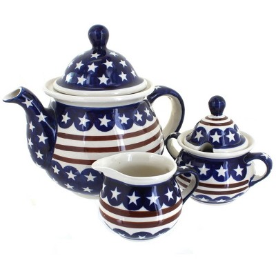 Blue Rose Polish Pottery Stars & Stripes Three Piece Tea Set