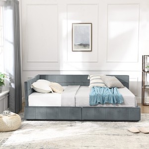 TiramisuBest Full Size Upholstered Tufted Bed Frame with Storage, Velvet Sofa Bed with Backrest & Armrests, Grey - 1 of 4