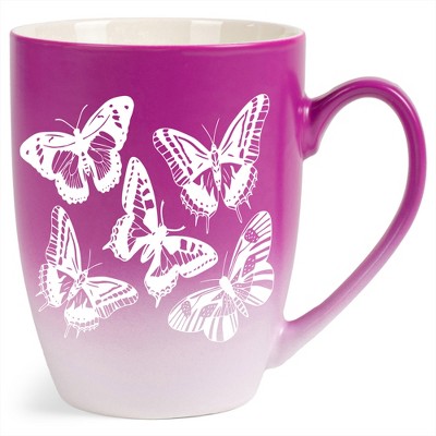 Elanze Designs Butterflies Two Toned Ombre Matte Pink and White 12 ounce Ceramic Stoneware Coffee Cup Mug
