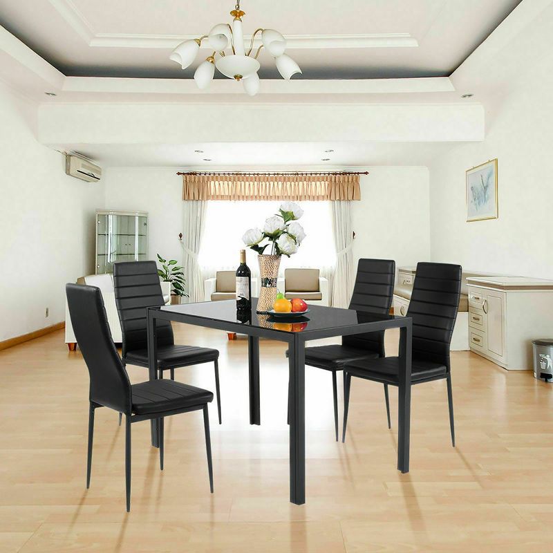 Costway 5 Piece Kitchen Dining Set Glass Metal Table 30" and 4 Chairs Breakfast Furniture Black, 1 of 9