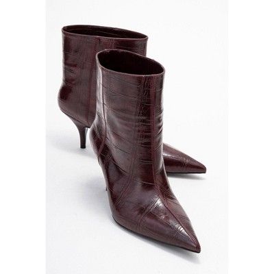 Nuvia - Burgundy Printed Pointed Toe Kitten Heel Boot (Women) | Prologue Shoes