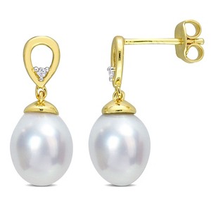 EVERLY JEWELRY | Yellow Plated Sterling Silver 8 - 9 MM South Sea Cultured Pearl and White Topaz Drop Earrings - 1 of 4
