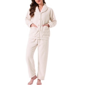 INSPIRE CHIC Women's Fleece Fluffy Plush Winter Button Down Tops with Pants Warm Pajama Sets - 1 of 4