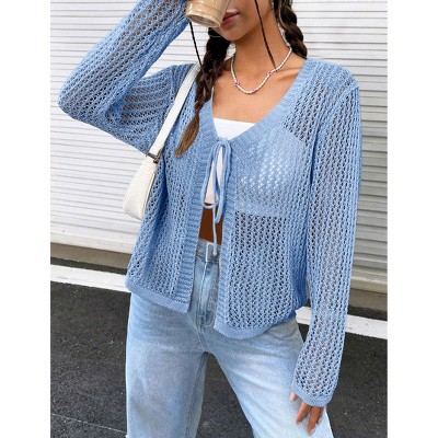 Women's Lightweight Crochet Cardigan Open Front Tie Shrug Knit Crop Top Summer Cardigan