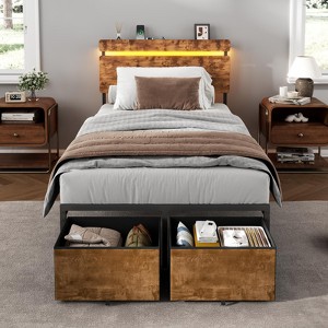 Twin Size Bed Frame with Wood Headboard Metal Platform Bed with 2 Storage Drawers Shelf Built in Charging Station LED Lights No Box Spring Needed - 1 of 4