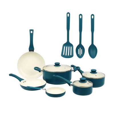 LunaLulinlk 12 Piece Ceramic Nonstick Aluminum Pots and Pans Cookware Set, Blue