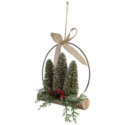 Rustic Frosted Green Bottle Brush Trees Ornament with Burlap Bow