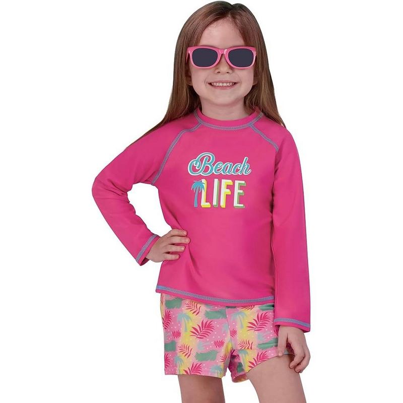 Girls Swim Set with Long Sleeve Rash Guard, Swim Shorts, and Sunglasses,  Kids Ages 3T-8 Years (Pink - Beach Life), 2 of 3