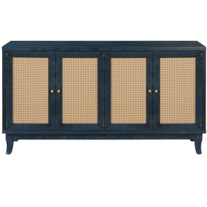 HomeRoots 60" Blue Wood And Rattan Distressed Sideboard with Four Doors - 1 of 4