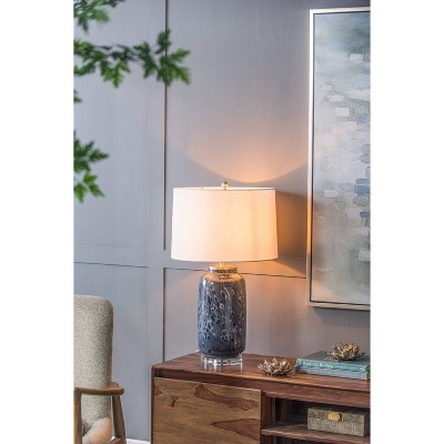 17"x28" Ellis Glass Table Lamp Blue/Cream - A&B Home: Coastal Inspired, Neutral Linen Shade, UL Listed