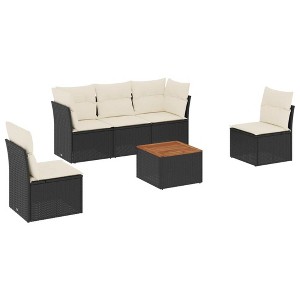 vidaXL 6 Piece Patio Sofa Set with Cushions Black Poly Rattan - Black and Cream - 1 of 4