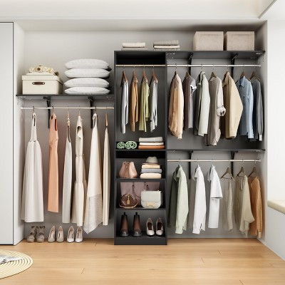 FURNIinspire Garment Racks Wood Closet Organizer System, Garment Racks Sets Closet Storage With 6 Shelves, 3 Expandable Rods, Black, 96"*16"*75"