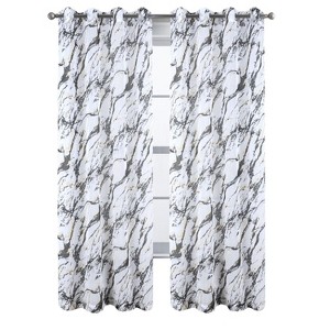 RT Designers Collection Marble Grommet Metallic Sheer Printed Doily Curtain Panel Pair 36" x 84" Black - 1 of 4