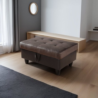 DOMETOUR Dark Brown Flannel & PVC Storage Ottoman-Versatile Living Room Footstool with Hidden Compartment