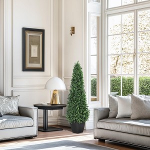 Artificial Boxwood Topiary Trees Set of 2 – Cone Shape Faux Plants In Black Planter, Indoor Outdoor Fake Trees for Front Porch, Patio, Garden Decor - 1 of 4