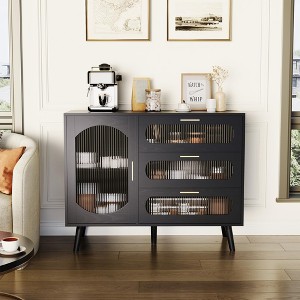 Black Buffet Cabinet with Storage, Sideboard with Fluted Glass Doors & Drawers, Ideal for Kitchen, Dining Room, or Living Room Organization - 1 of 4
