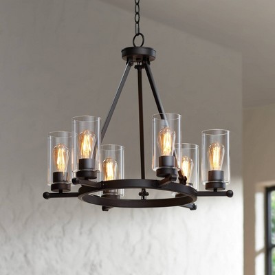 Rustic Bronze Wagon Wheel 26'' Wide Chandelier with Clear Glass Shades
