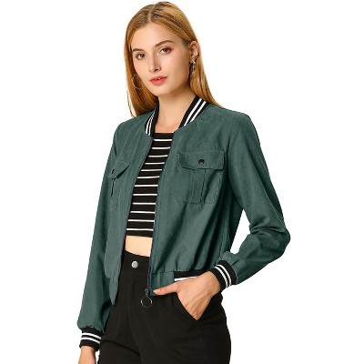 INSPIRE CHIC Women's Stand Collar Zip Up Flap Pocket Bomber Jacket