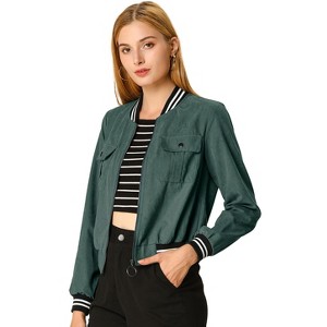 INSPIRE CHIC Women's Stand Collar Zip Up Flap Pocket Bomber Jacket - 1 of 4