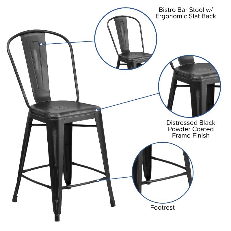 Flash Furniture Commercial Grade 24" High Distressed Metal Indoor-Outdoor Counter Height Stool with Back, 4 of 17