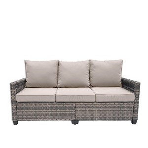 FIONECA 3-Piece Patio Furniture Set ¨C PE Wicker Barrel-Style Sofa Set with Beige Cushions - 1 of 4