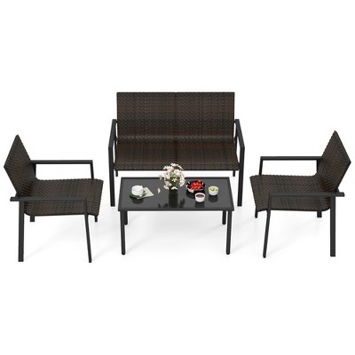 Tangkula 4 PCS Patio Furniture Set Heavy Duty Galvanized Metal Frame Wicker Table Black