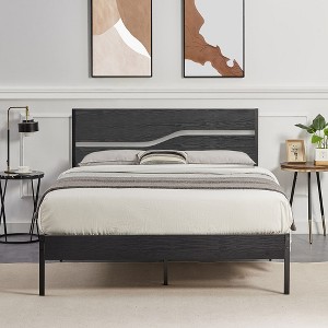 VECELO Metal Platform Bed Frame with Wooden Headboard - 1 of 4