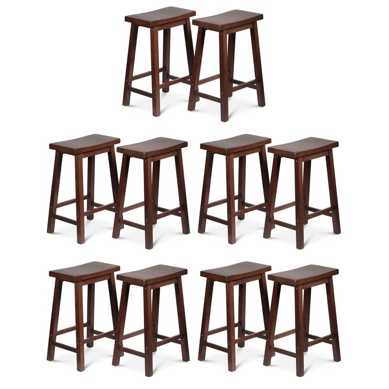 PJ Wood Classic Saddle-Seat 24" Tall Kitchen Counter Stools for Homes, Dining Spaces, and Bars w/ Backless Seats, 4 Square Legs, Walnut (Set of 10), 1 of 7