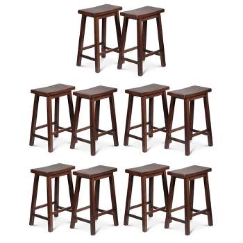 PJ Wood Classic Saddle-Seat 24" Tall Kitchen Counter Stools for Homes, Dining Spaces, and Bars w/ Backless Seats, 4 Square Legs, Walnut (Set of 10)