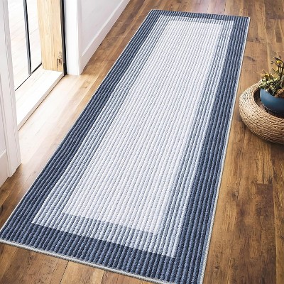Machine Washable Runner Rug Modern Border Low Pile Non-Shedding Soft Gradient Faux Wool Print Entryway Bathroom