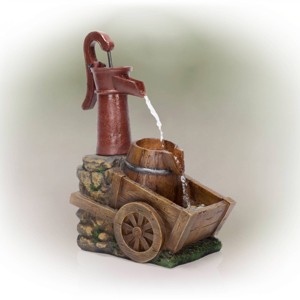 24" Vintage Red Metal Water Pump & Stone Wheelbarrow Fountain - Alpine Corporation: Electric, Weather-Resistant - 1 of 4