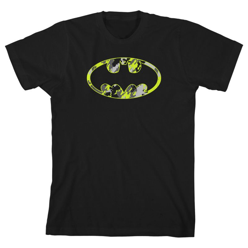 Batman Camo Logo Black T-shirt Toddler Boy to Youth Boy, 1 of 3
