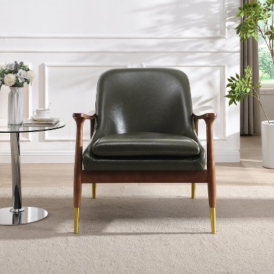Mid-Century Faux Leather Accent Chair with Cushioned Seat, Solid Wood Frame, and Brass-Tipped Legs – Perfect for Living Room, Bedroom