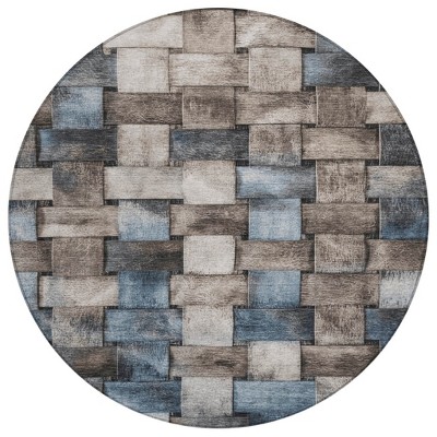 Taupe And Denim Blue Striped Washable Indoor Outdoor Area Rug