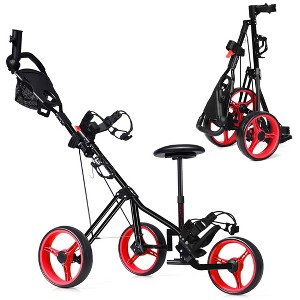 Foldable 3 Wheel Push Pull Golf Club Cart Trolley w/Seat Scoreboard Bag Red/Blue - 1 of 4