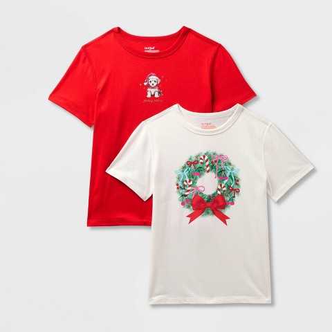 Cat & Jack Kids' 2pk Adaptive Short Sleeve Christmas 'Wreath/Puppy' Graphic T-Shirt - Cat & Jack™ Cream/Red M