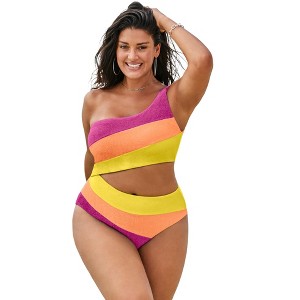 Swimsuits for All Women's One Shoulder Color Block Cutout One Piece Swimsuit (Plus Sizes Available) - 1 of 4