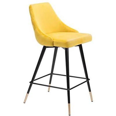Yellow Velvet and Metal Counter Stool with Tapered Back