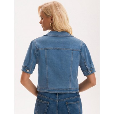 INSPIRE CHIC Women's Short Sleeve Turndown Collar Curve Hem Pockets Denim Cropped Jean Jacket Small Light Blue — фото 4
