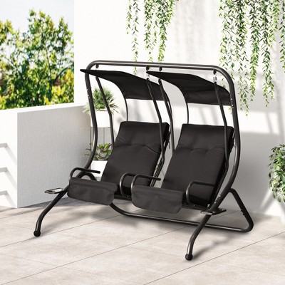 Modern Black Metal 2-Seater Outdoor Patio Swing Chair with Canopy