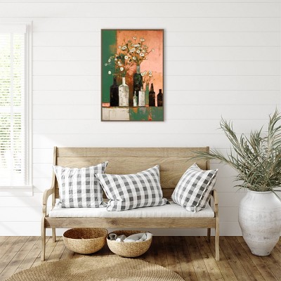 Botanic-Inspired Framed Canvas Wall Art with Weathered Embellishment