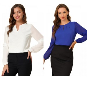 Allegra K Women's Chiffon Semi Sheer Keyhole Neck Elegant Work Blouse 2 Packs - 1 of 4