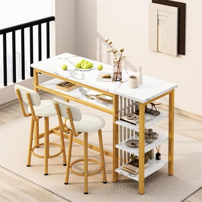 Hooseng 3-Piece Dining Room Table Set with 2 Upholstered Bar Stools, Modern Farmhouse Style Bar Table Set for 2 with Multiple Tier Storage Shelves