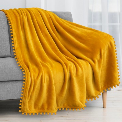 Cozy Mustard Yellow Twin Fleece Throw with Pom Pom Fringe