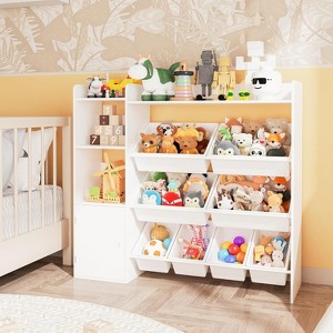 Kids Wooden Toy Organizer, Children Toy Storage Shelf with 8 Bins and 3 Shelves, Kid Bookshelf Playroom Organization Bookcase for Storing Toys, Books - 1 of 4