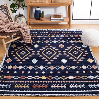 Navy and Multicolor Geometric Wool Area Rug, 4' x 6'