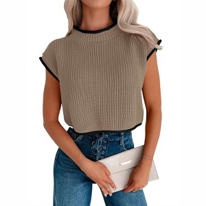 Clearlove Womens Summer Cropped Sweater Vest Trendy Cap Sleeve Crop Tops Crew Neck Loose Knit Tank Top - 1 of 4