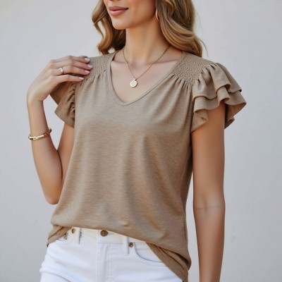 Knit & Lounge Women’s Ruffle Shoulder V-Neck Top Soft Knit Fabric Smocked Detail Flowy Fit Everyday Casual Tee