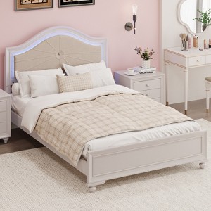 Gulches Modern Full Size Wood Bed with Hidden LED Light Upholstered Curved Headboard, No Box Spring Needed, Cream Grey - 1 of 4
